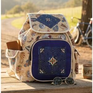 Quilted Women's Backpack Purse with Matching Bonnet Hats Brown Blue 13x14